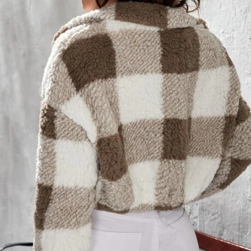 Brown Buffalo Plaid Teddy Zipper Coat in L - Picture 2 of 4